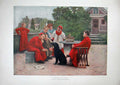 Original Old Antique Print Colour Acolytes Young Boys Dog Table Chairs 20th