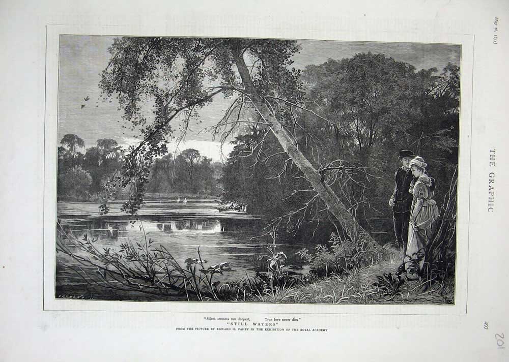 Old Antique Print 1877 Royal Academy Art Romance River Trees Country Swan 19th