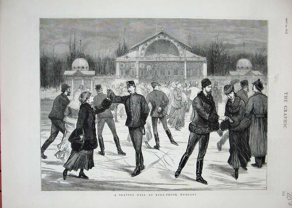 Original Old Antique Print 1877 Skating Hall Ice Rink Buda-Pesth Hungary Sport