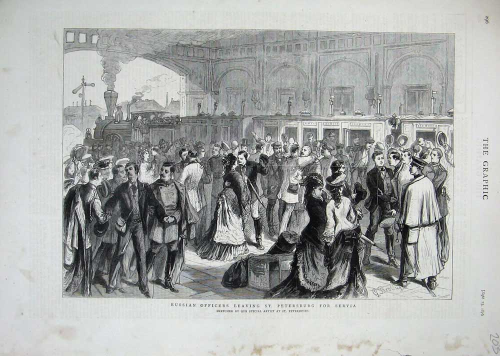 Old Antique Print 1876 Russian Officers Petersburg Servia Railway Train 19th