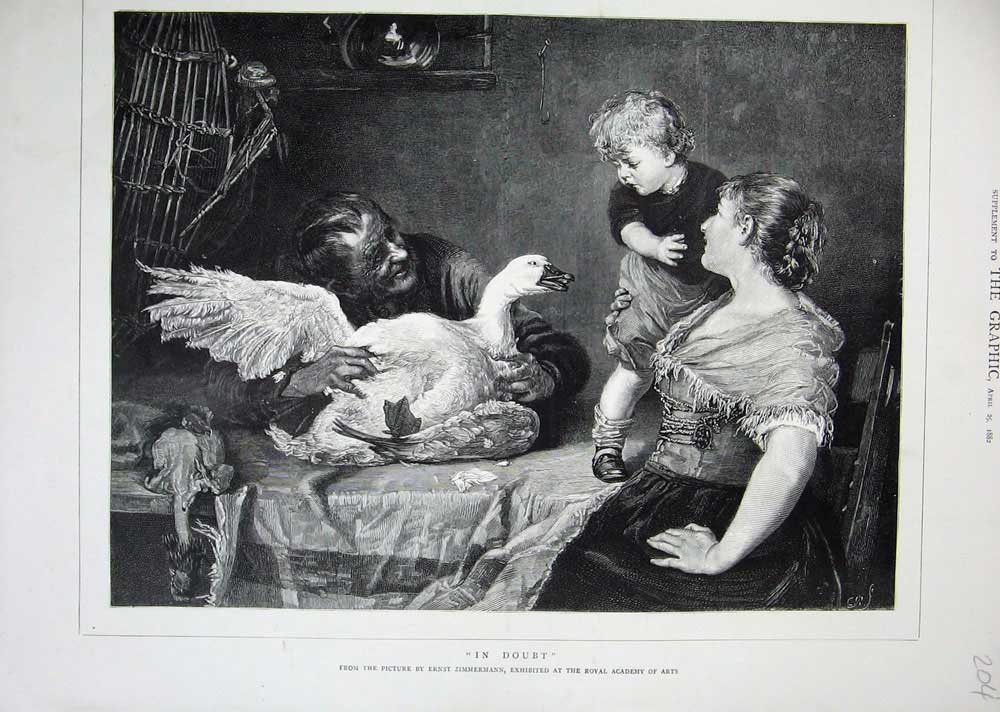 Old Antique Print 1882 Zimmermann Royal Academy Arts Goose Man Little Boy 19th