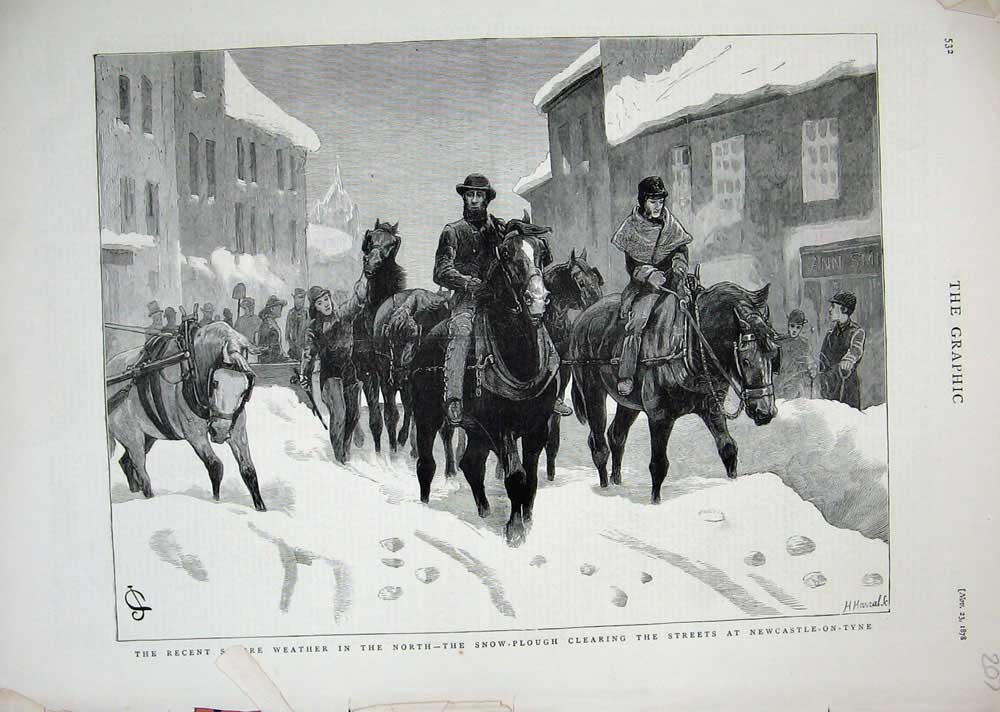 Original Old Antique Print 1878 Snow Plough Streets Newcastle-On-Tyne Horses