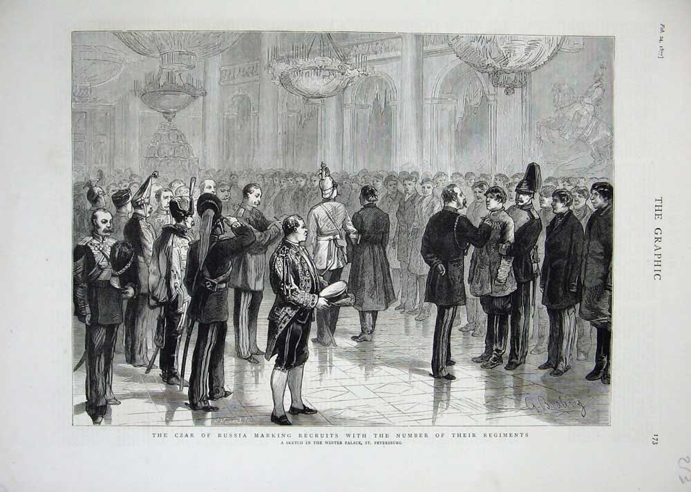 Old Antique Print 1877 Czar Russia Army Recruits Winter Palace Petersburg 19th