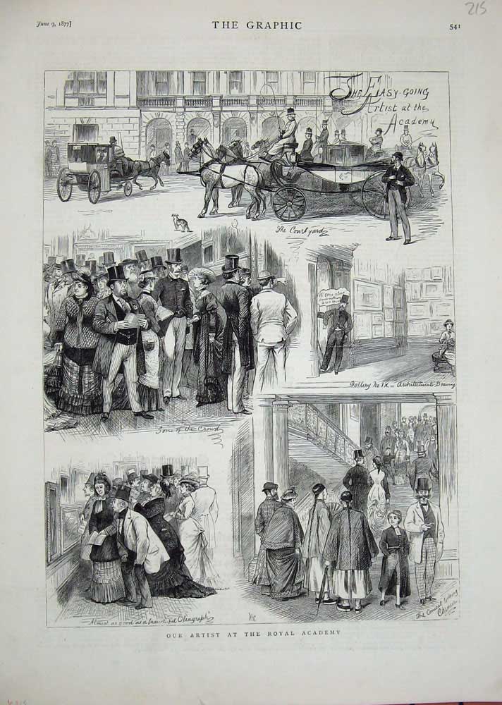 Original Old Antique Print 1877 Royal Academy Art Exhibition Paintings 19th