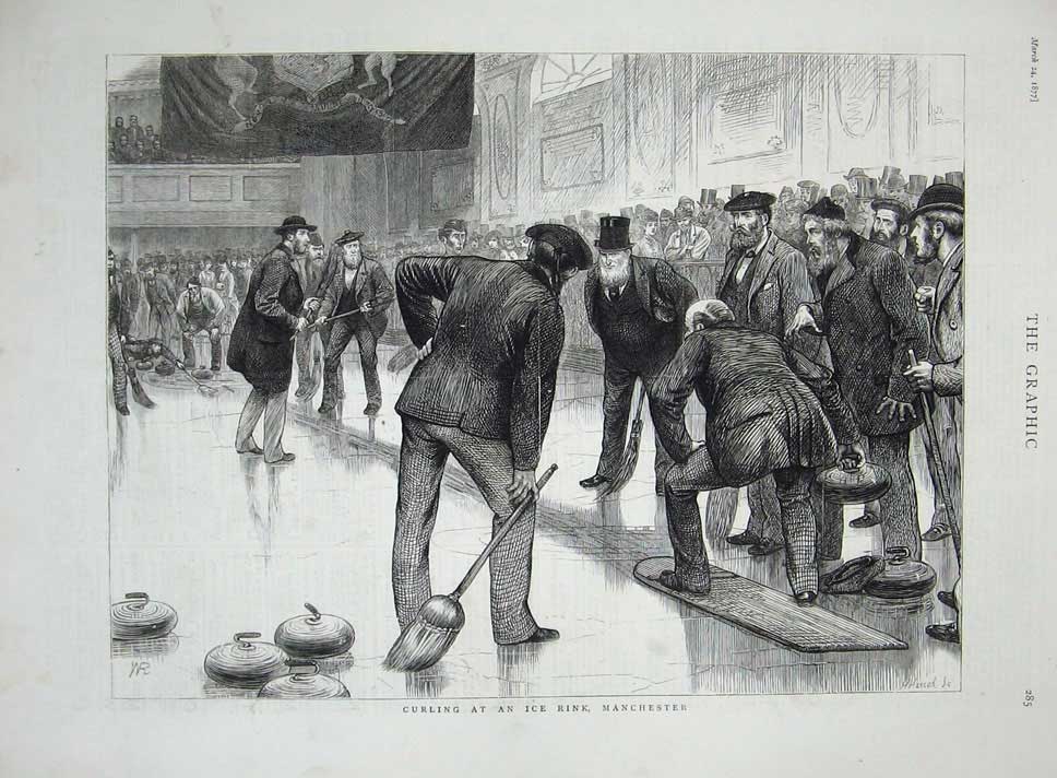 Original Old Antique Print 1877 Curling Ice Rink Manchester Sport Men Victorian