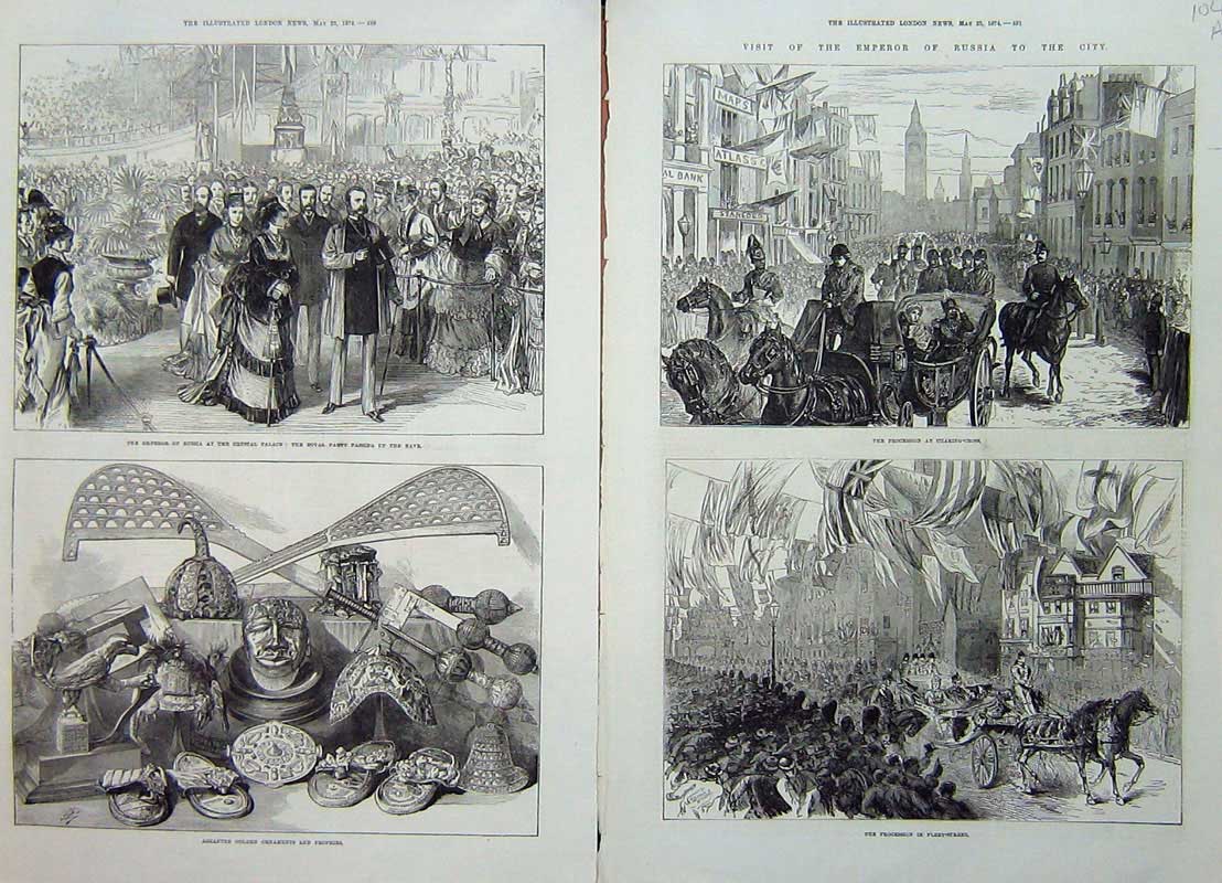Antique Old Print 1874 Emperor Russia London Fleet Charing Crystal Trophy 19th