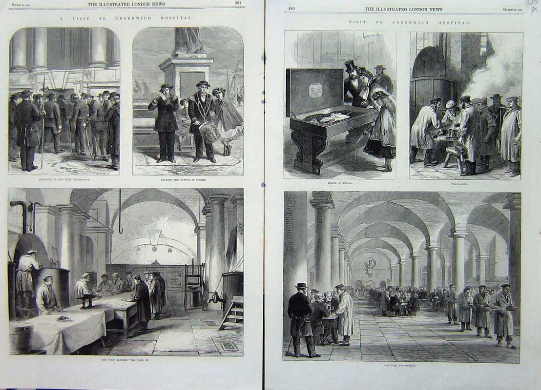 Original Old Antique Print 1865 Greenwich Hospital Kitchen Dining-Hall Nelson