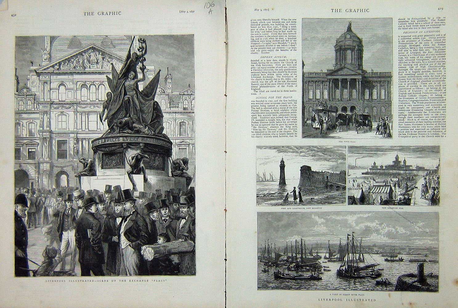 Old Antique Print 1877 Liverpool Exchange Flags Mersey River Ships Pier 19th