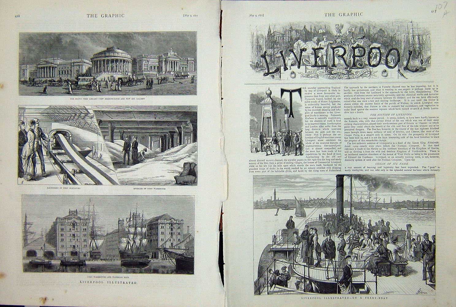 Old Antique Print 1877 Liverpool Ferry Boat Library Waterloo Warehouse 19th