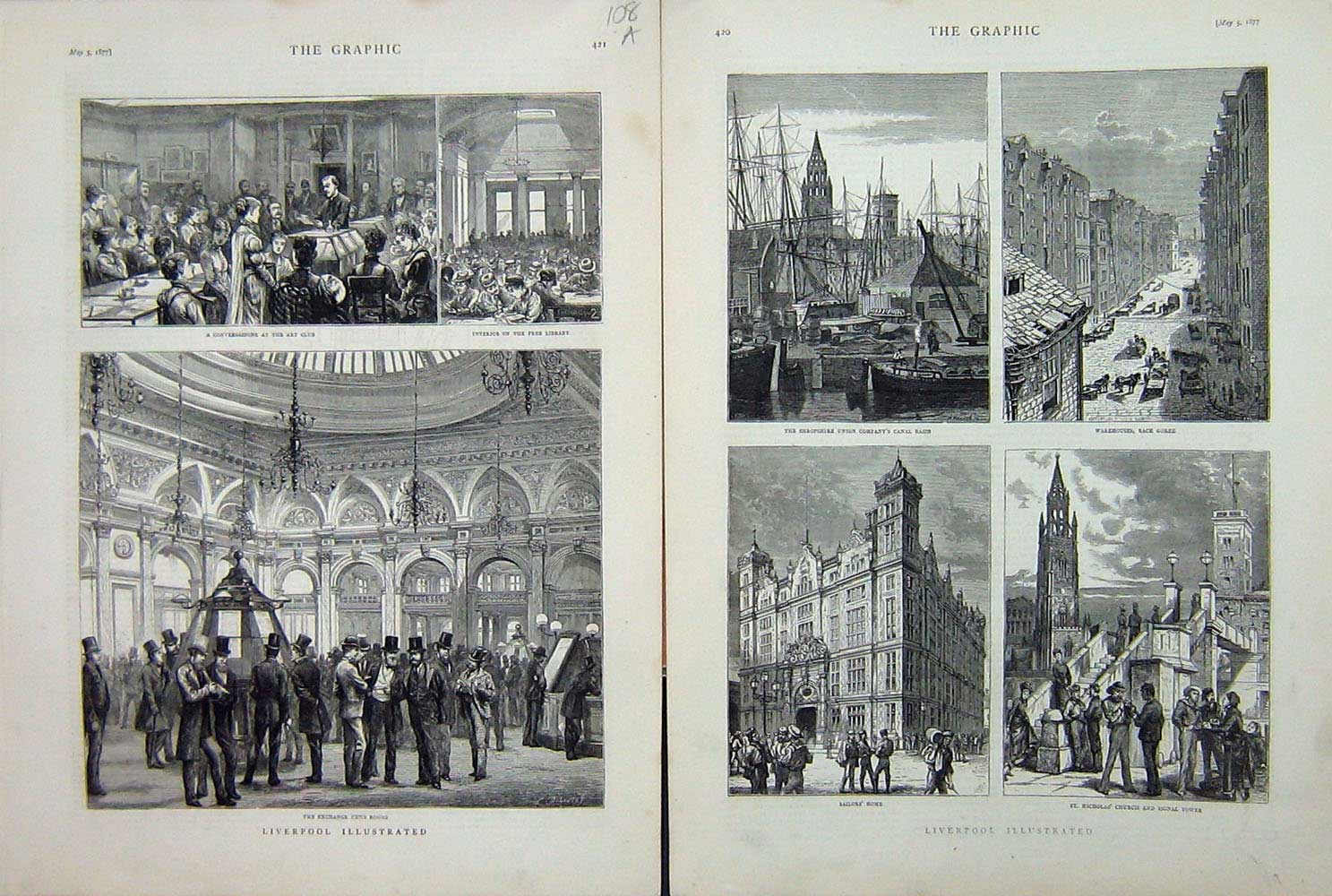 Old Antique Print Liverpool Art Club Library Exchange Church Canal 1877 19th