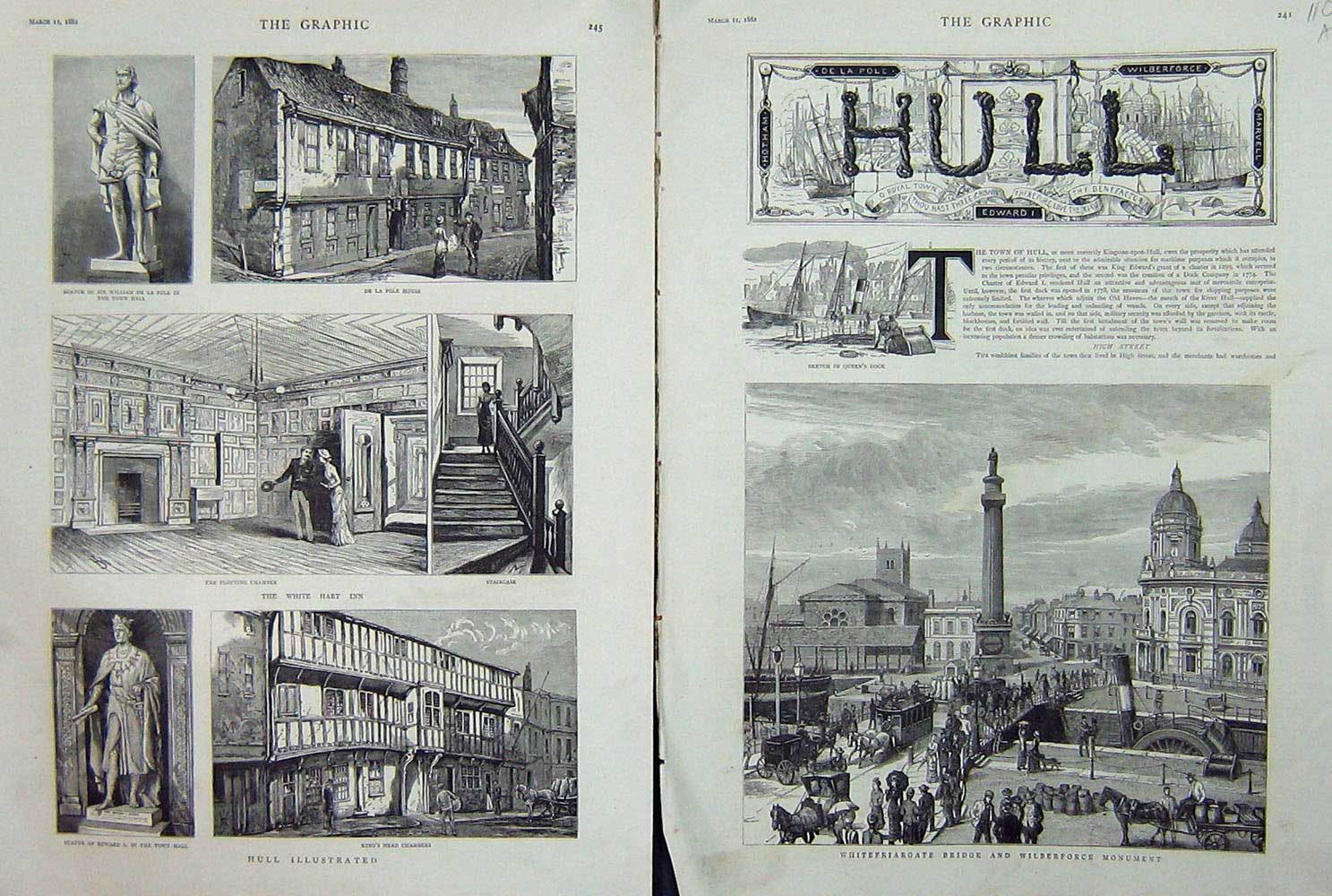Old Antique Print 1882 Hull Whitefriargate Wilberforce Monument Hart Inn 19th