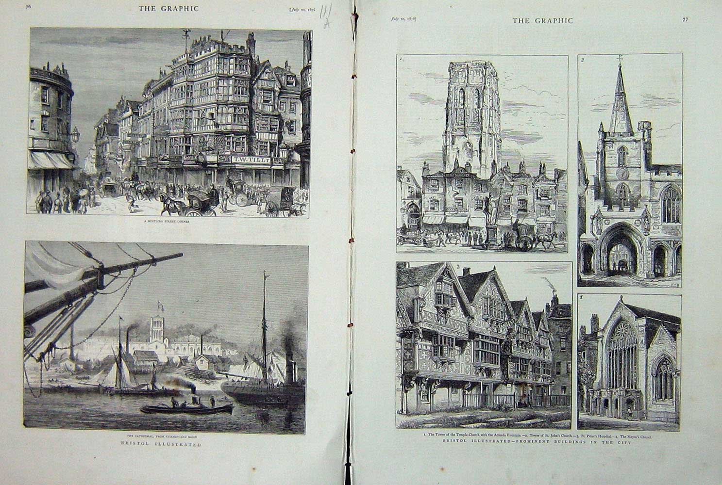 Old Antique Print 1878 Bristol Temple Church Fountain Hospital Cathedral 19th