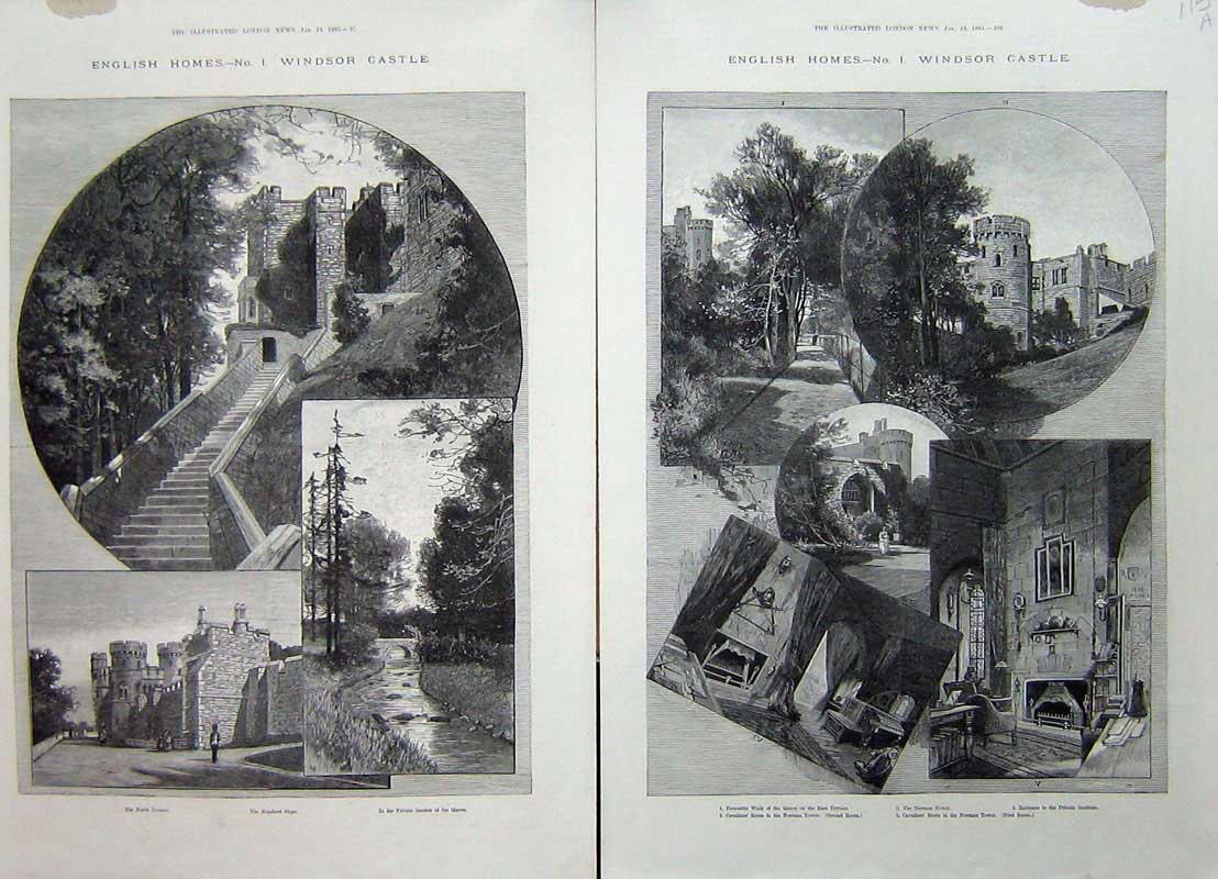 Original Old Antique Print 1885 Windsor Castle Garden Norman Tower London Art