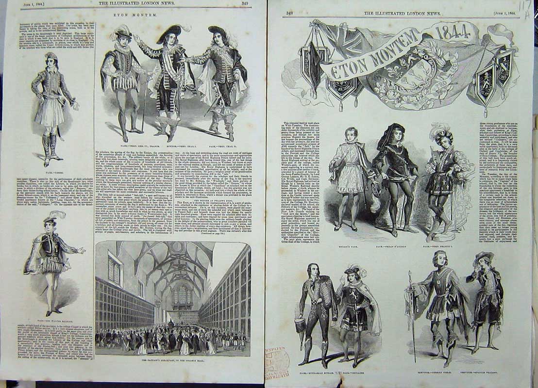 Old Antique Print 1844 Eton Montem Costumes Raleigh Hussar Noble Peasant 19th