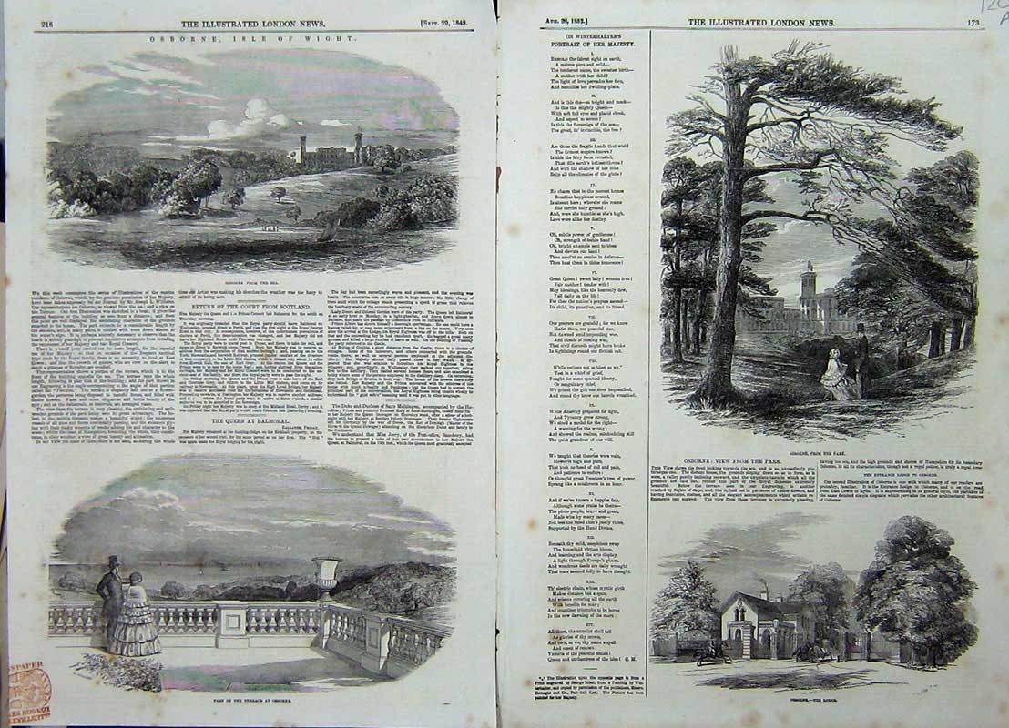 Original Old Antique Print 1852 Osborne House Park Lodge Isle Wight Terrace