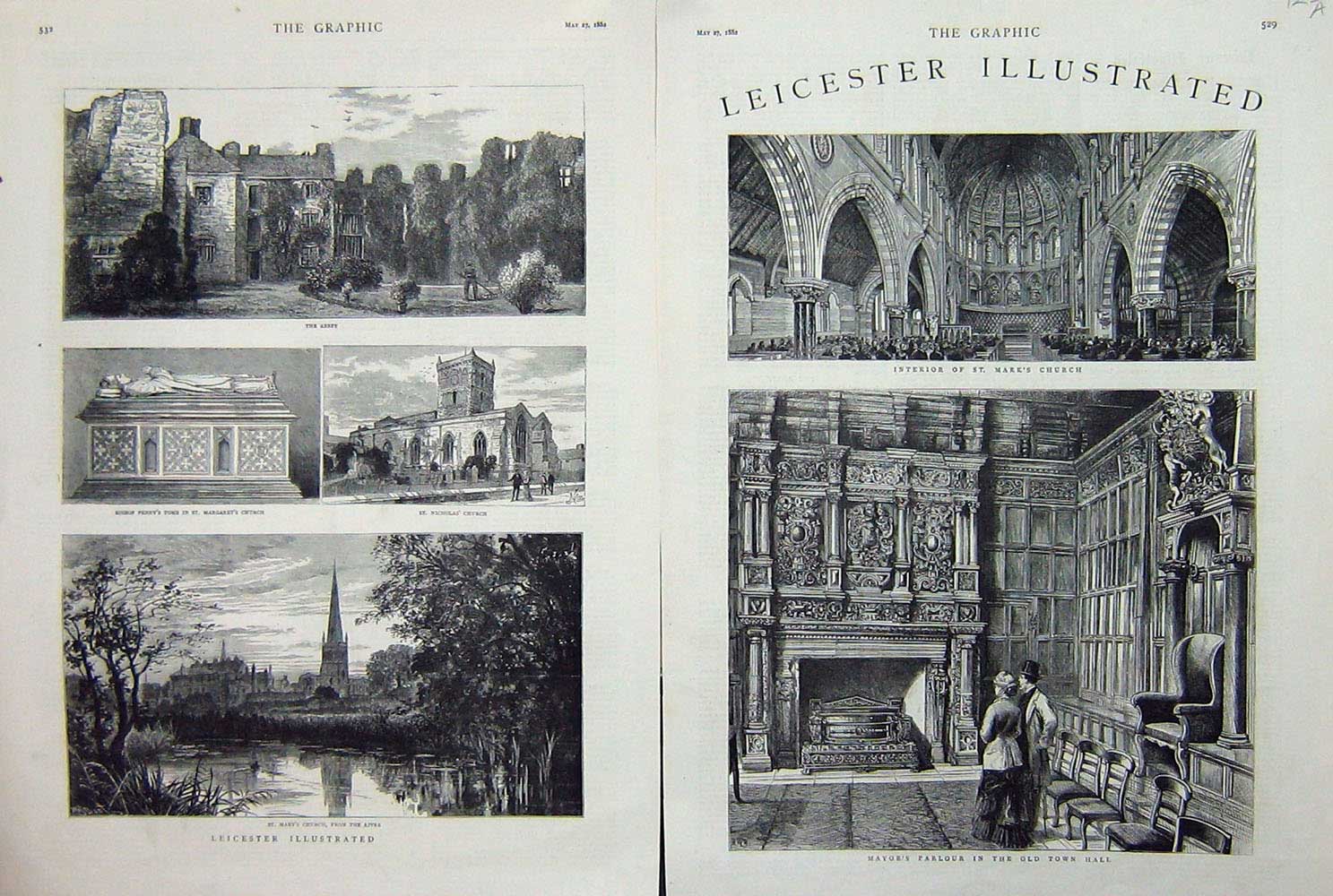 Antique Old Print 1882 Leicester Mark'S Church Mayor Town Hall Abbey Tomb 19th