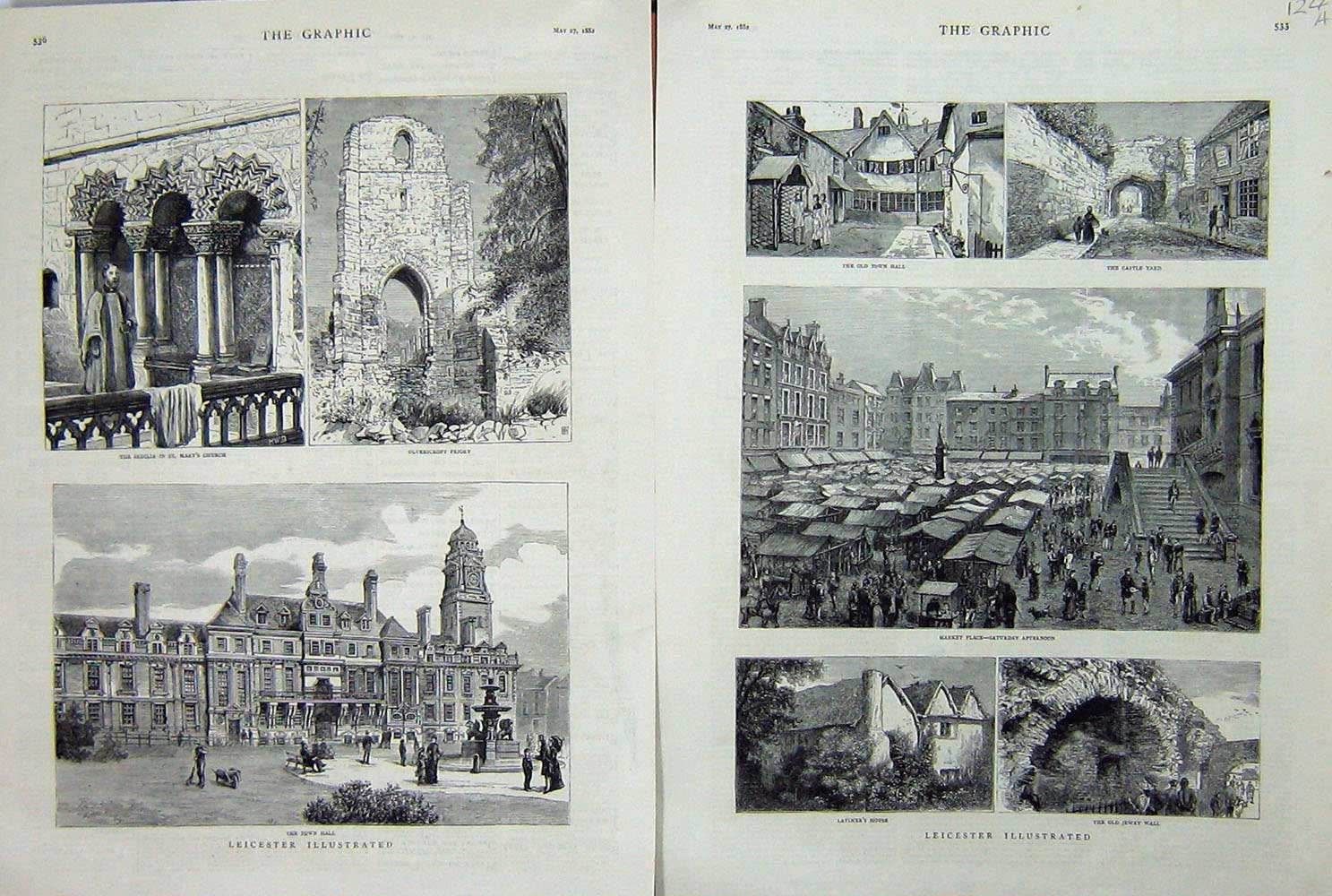 Antique Old Print 1882 Leicester Market Place Latimer Jewry Church Priory 19th