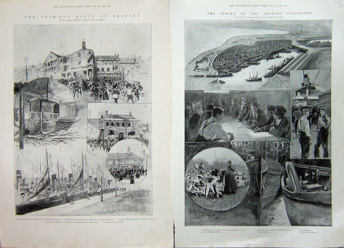 Old Antique Print 1901 Grimbsy Fisherman Strike Boats Rioters Trawlers 20th