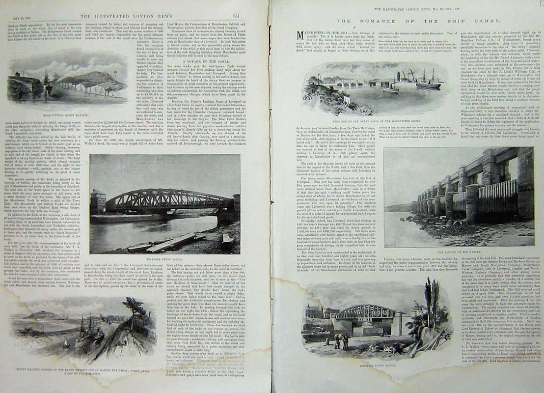 Antique Old Print 1894 Manchester Ship Canal Docks Sluice Stockton Bridge 19th