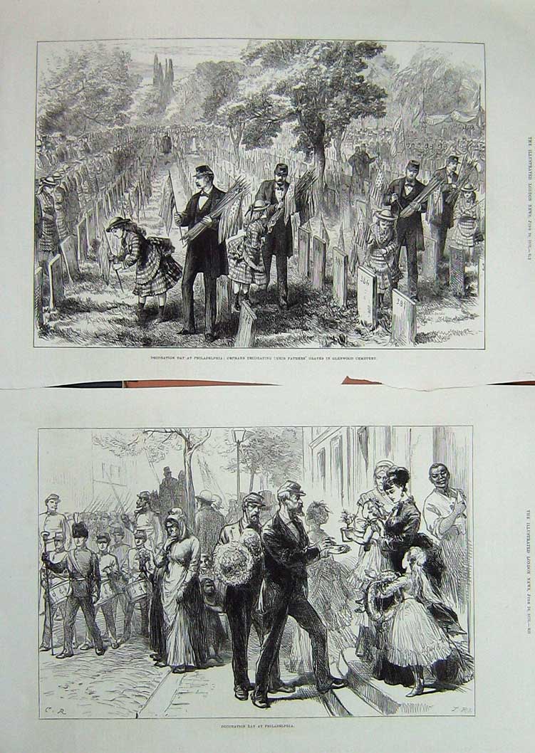 Old Antique Print 1876 Decoration Philadelphia Orphans Glenwood Cemetery 19th