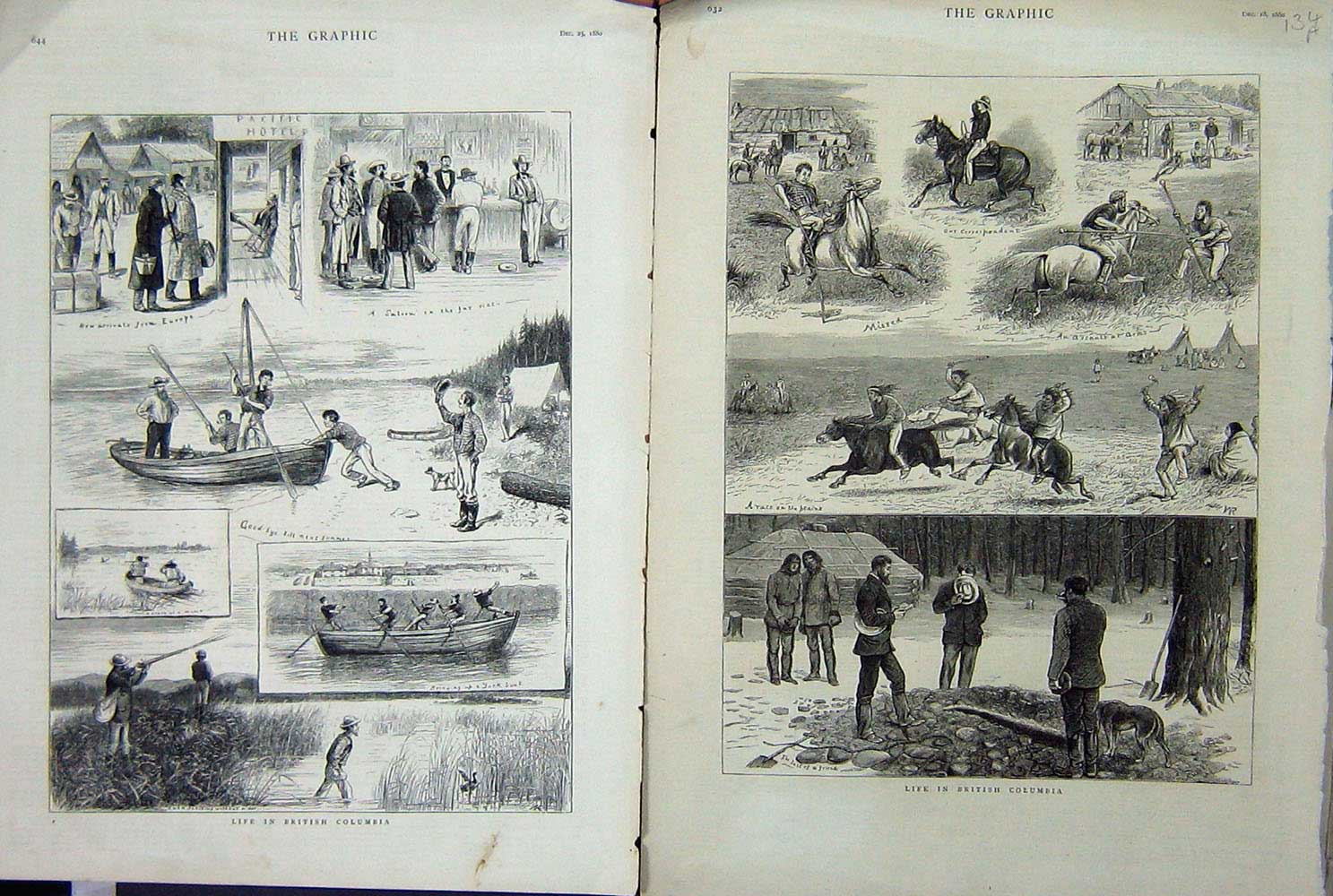 Antique Old Print 1880 British Columbia Boat Fishing Duck Shooting Horses 19th