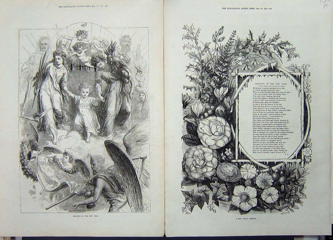 Original Old Antique Print 1871 New Years Wreath Poem Angels Winged Man 19th