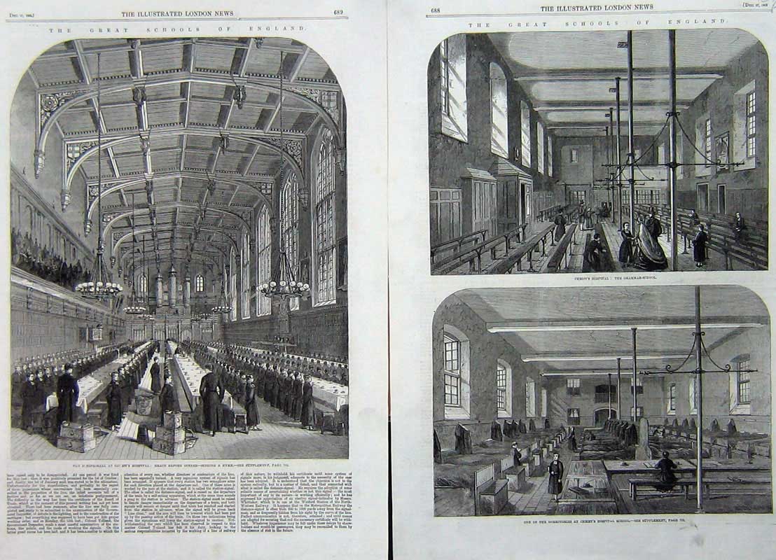 Antique Old Print 1862 School England Christ Hospital Grammar Dining Hall 19th