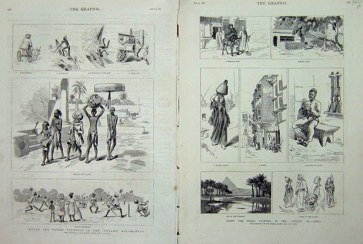 Old Antique Print 1882 Yachting Ceylon Cairo Pyramid Cricketers Madras 19th
