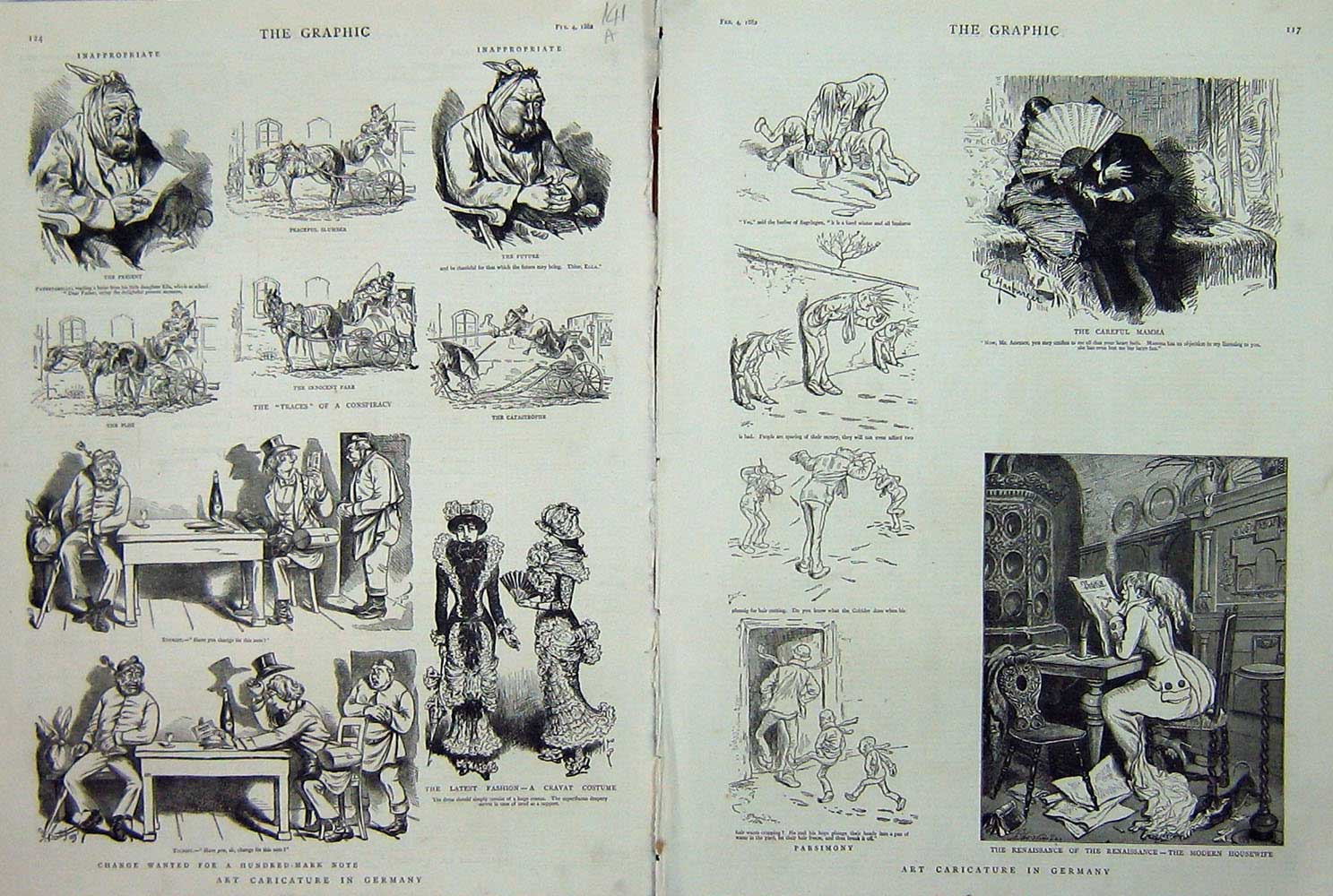 Old Antique Print 1882 Art Caricature Germany Drawings Cravat Costumes 19th