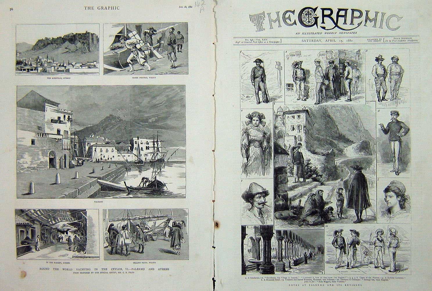 Old Antique Print 1882 Acropolis Athens Market Piraeus Palmero Yachting 19th