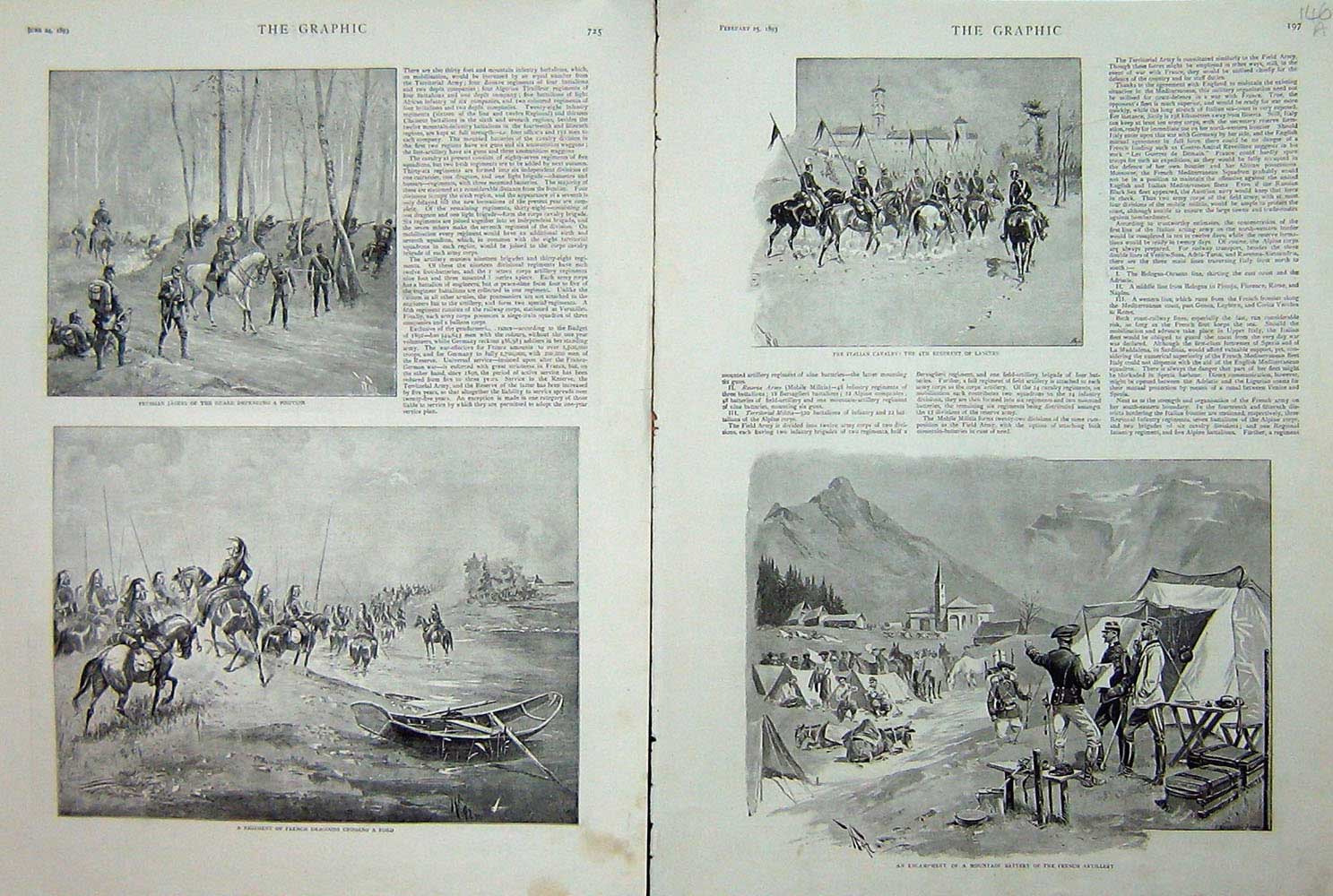 Old Antique Print Italian Cavalry Lancers French Siers 1893 Jagers War 19th