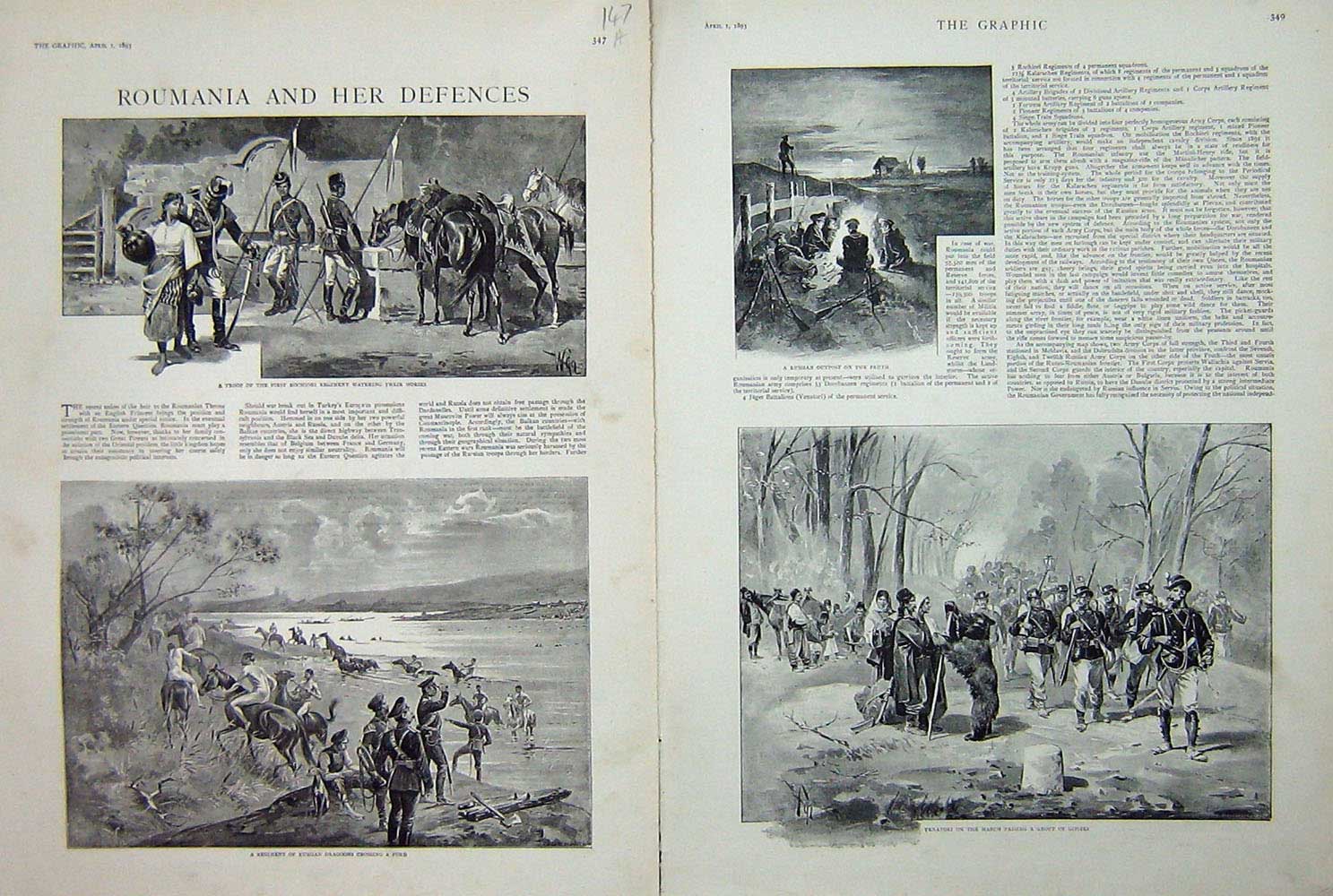 Original Old Antique Print 1893 Roumania Rochiori Siers Russian Dragoons Pruth