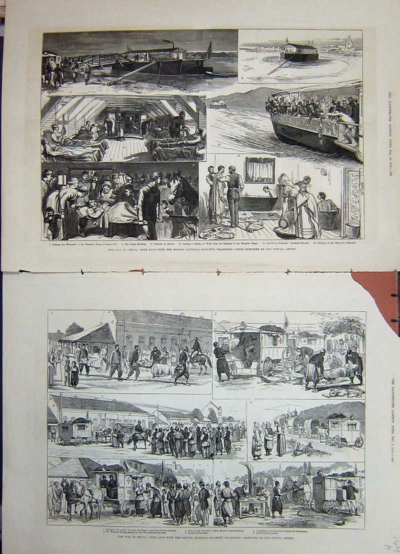 Original Old Antique Print British National Society Transport 1876 War Servia