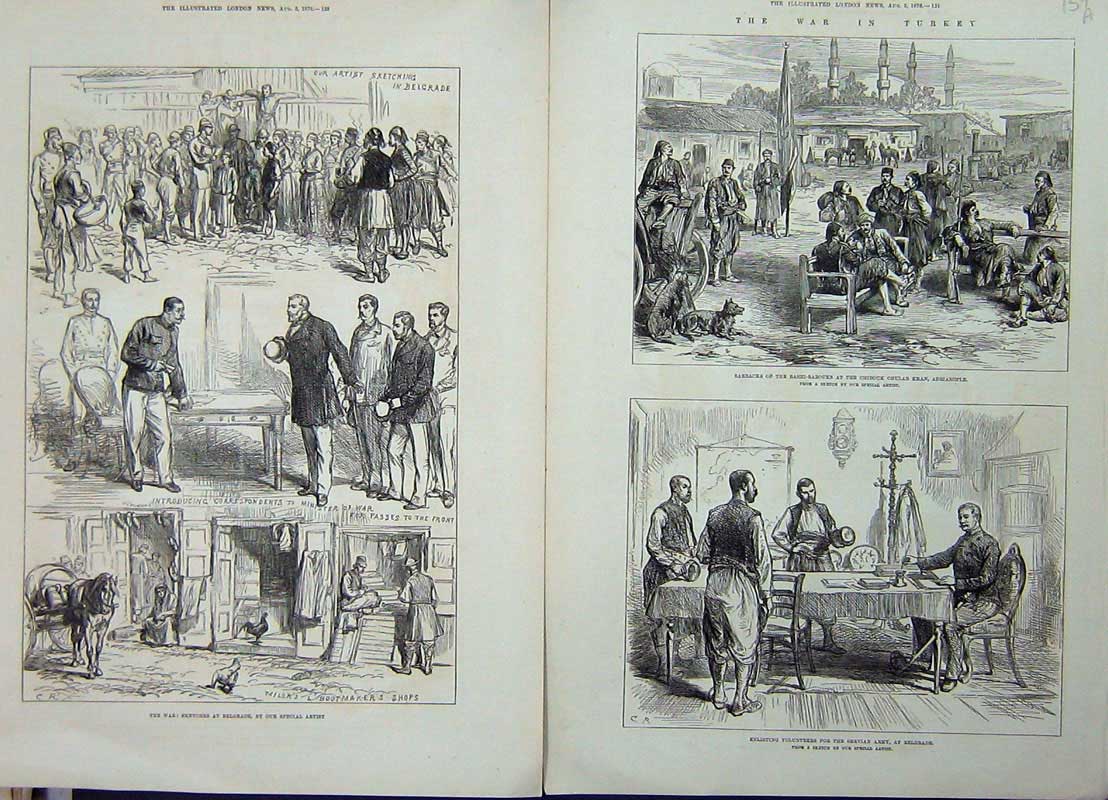 Original Old Antique Print Belgrade Bashi-Bazouks Adrianople 1876 War Turkey