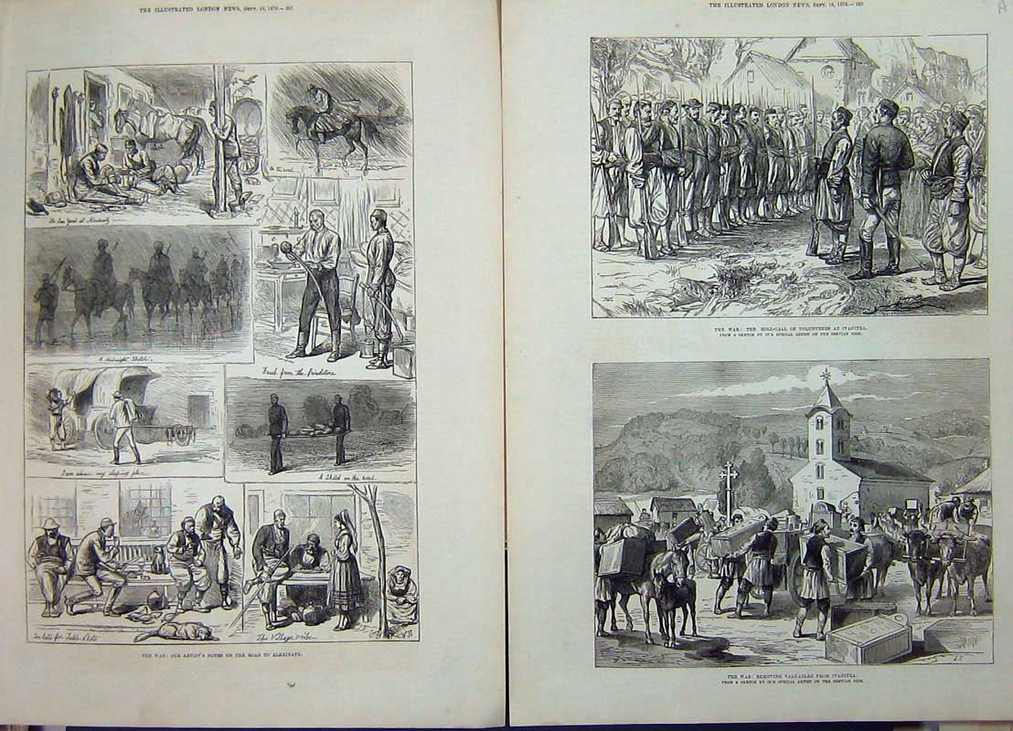 Original Old Antique Print 1876 War Volunteers Ivanitza Alexinatz Horses Siers