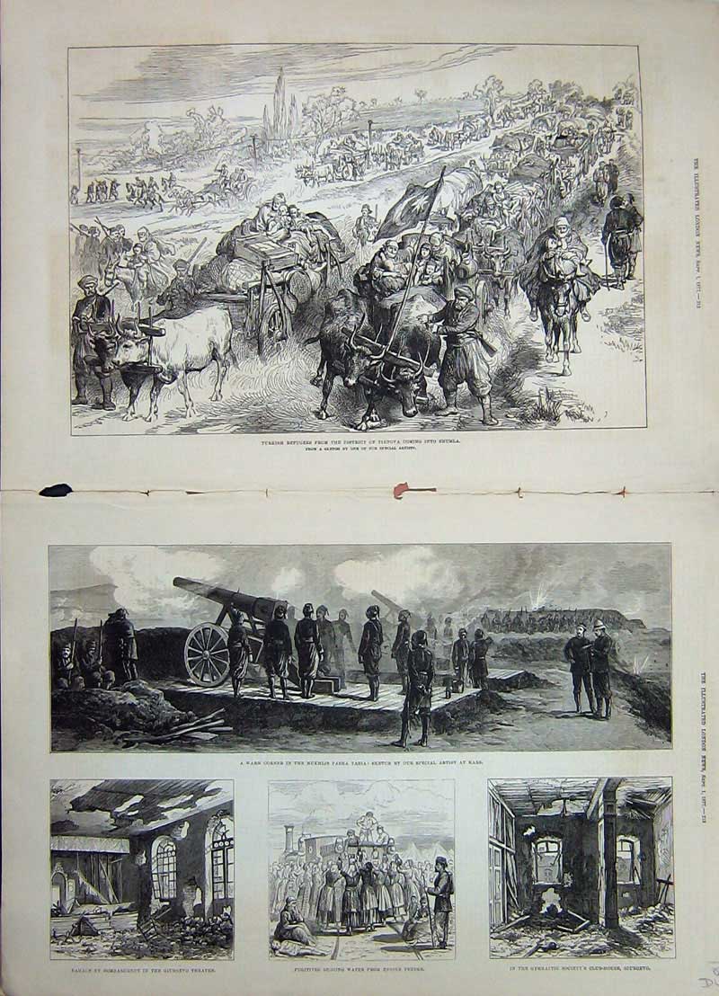 Old Antique Print War 1877 Mukhlis Pasha Tabia Giurgevo Theatre Refugees 19th