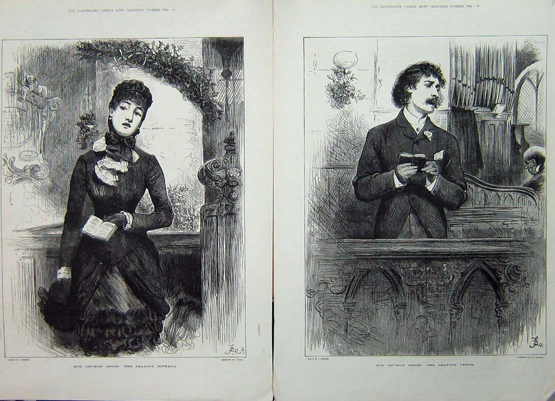 Original Old Antique Print 1882 Church Choir Leading Tenor Sopprano Man Woman
