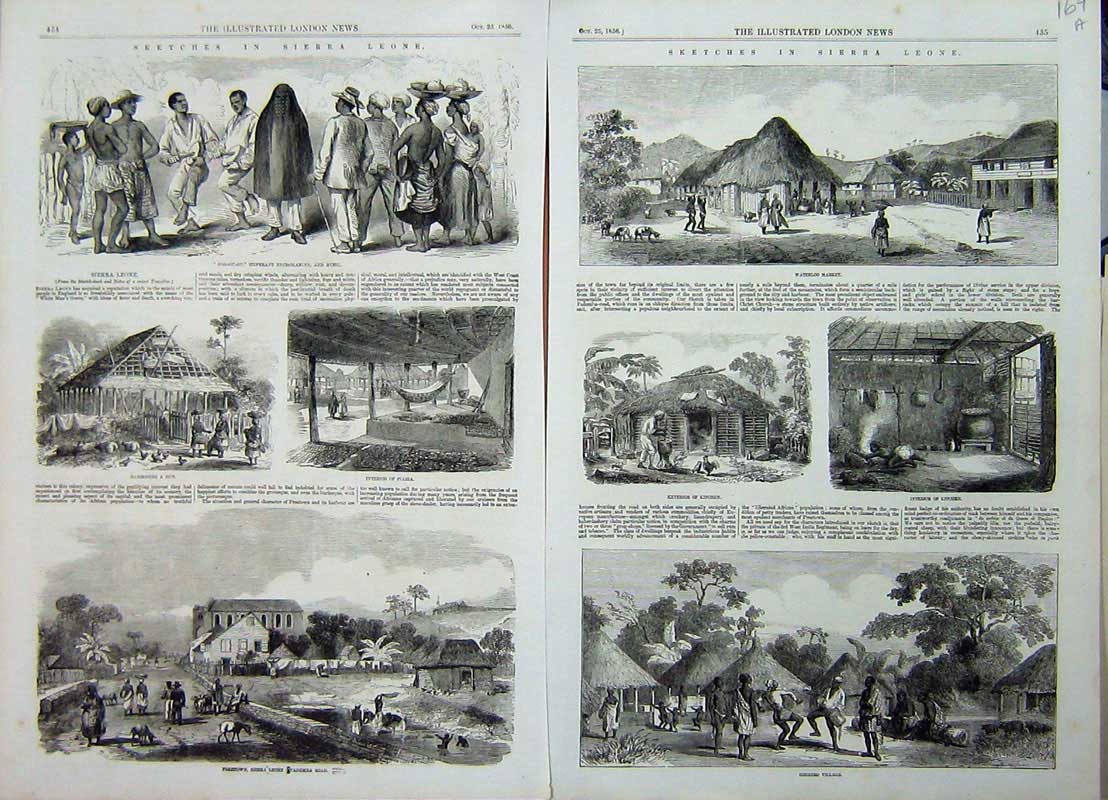 Original Old Antique Print 1856 Sierra Leone Sherbro Waterloo Market Freetown