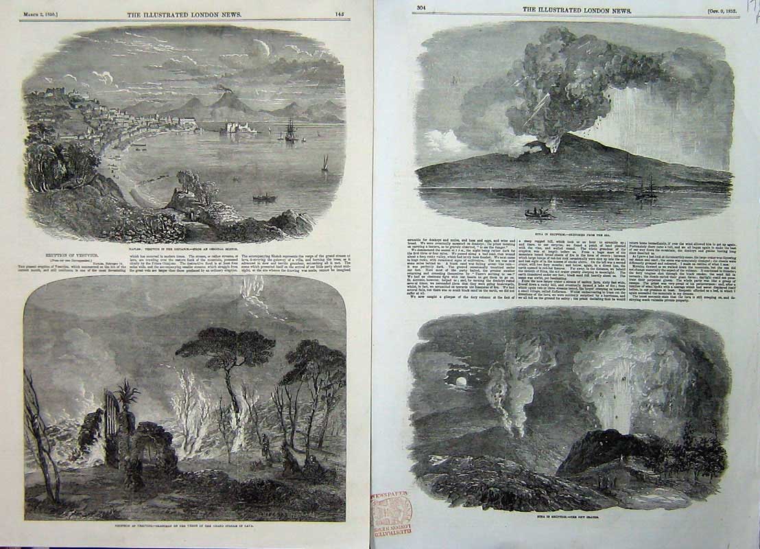 Old Antique Print 1852 Mount Etna Volcano Eruption Crater Vesuvius Lava 19th