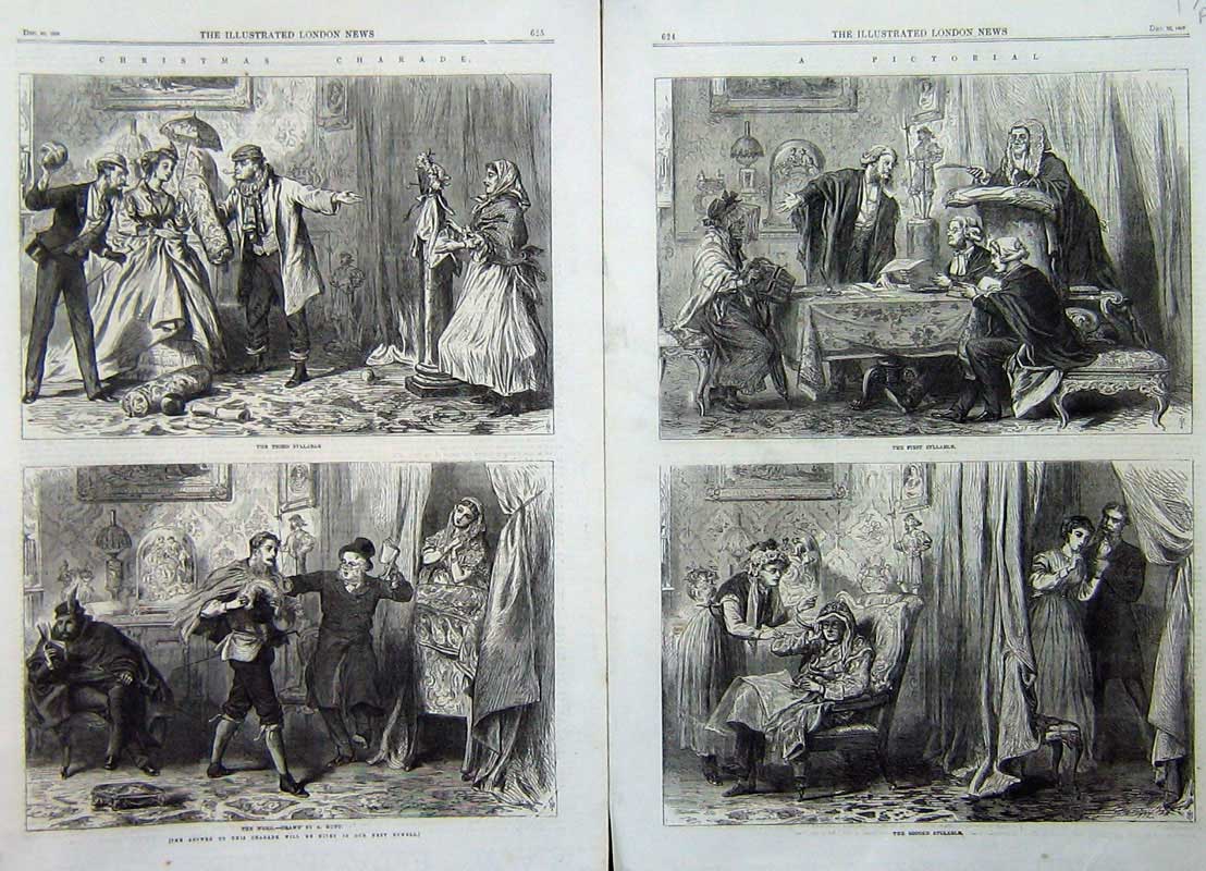 Old Antique Print 1866 Pictorial First Syllable Story Christmas Charade 19th