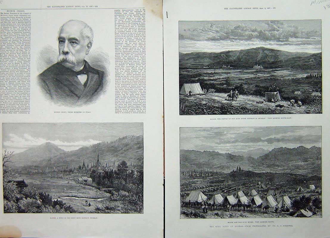 Old Antique Print 1887 Mogok Ruby Mines Burmah Kathe Signor Crispi Italy 19th