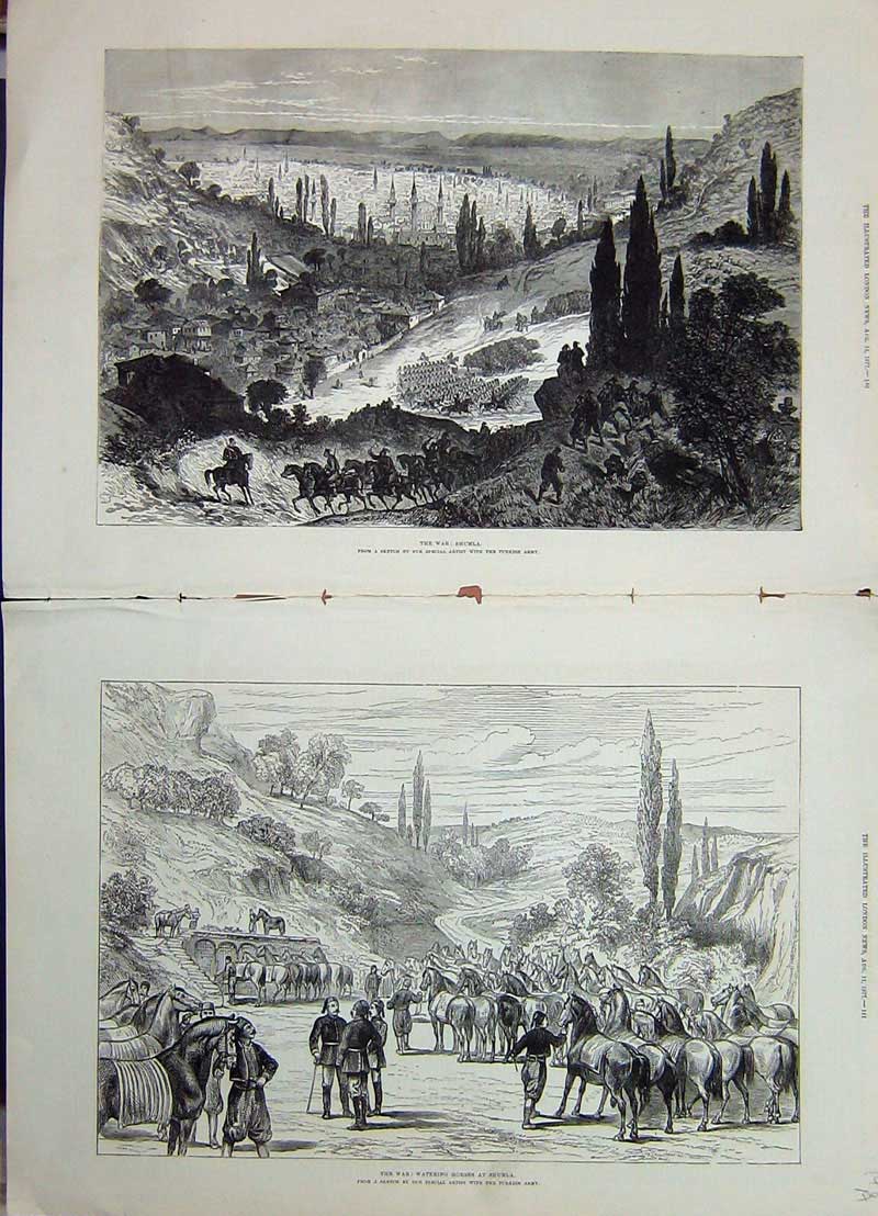 Original Old Antique Print 1877 War Horses Shumla Turkish Army Siers Mountains