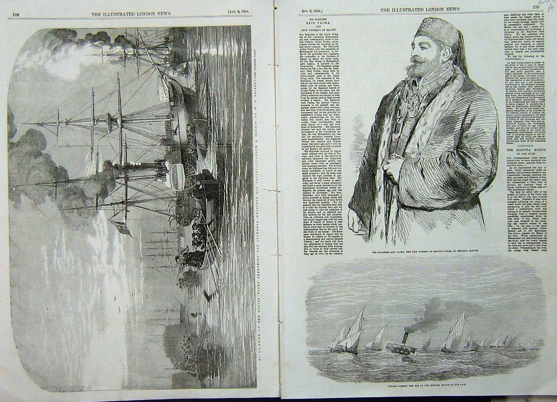 Old Antique Print 1854 Acha Viceroy Egypt Rosetta Nile Ships Cronstadt 19th