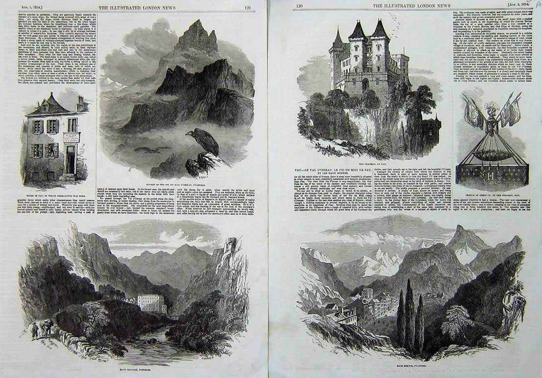 Old Antique Print 1854 Chateau Pau Eaux Bonnes Pyrenees Pic Midi Chaudes 19th