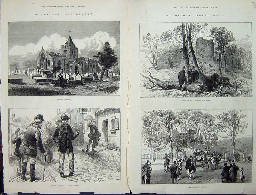 Old Antique Print Gladstone 1880 Castle Hawarden Church Village Street 19th