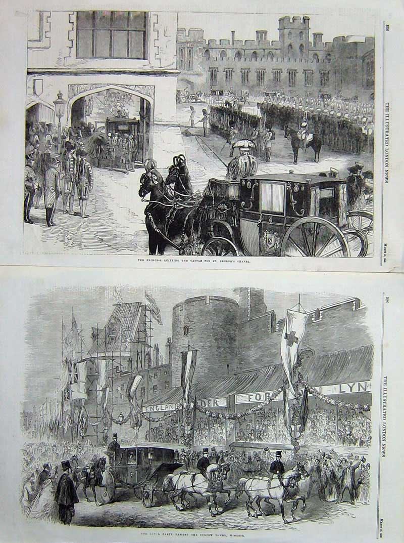 Original Old Antique Print 1863 Prince Wales Windsor Castle Curfew Tower Coach