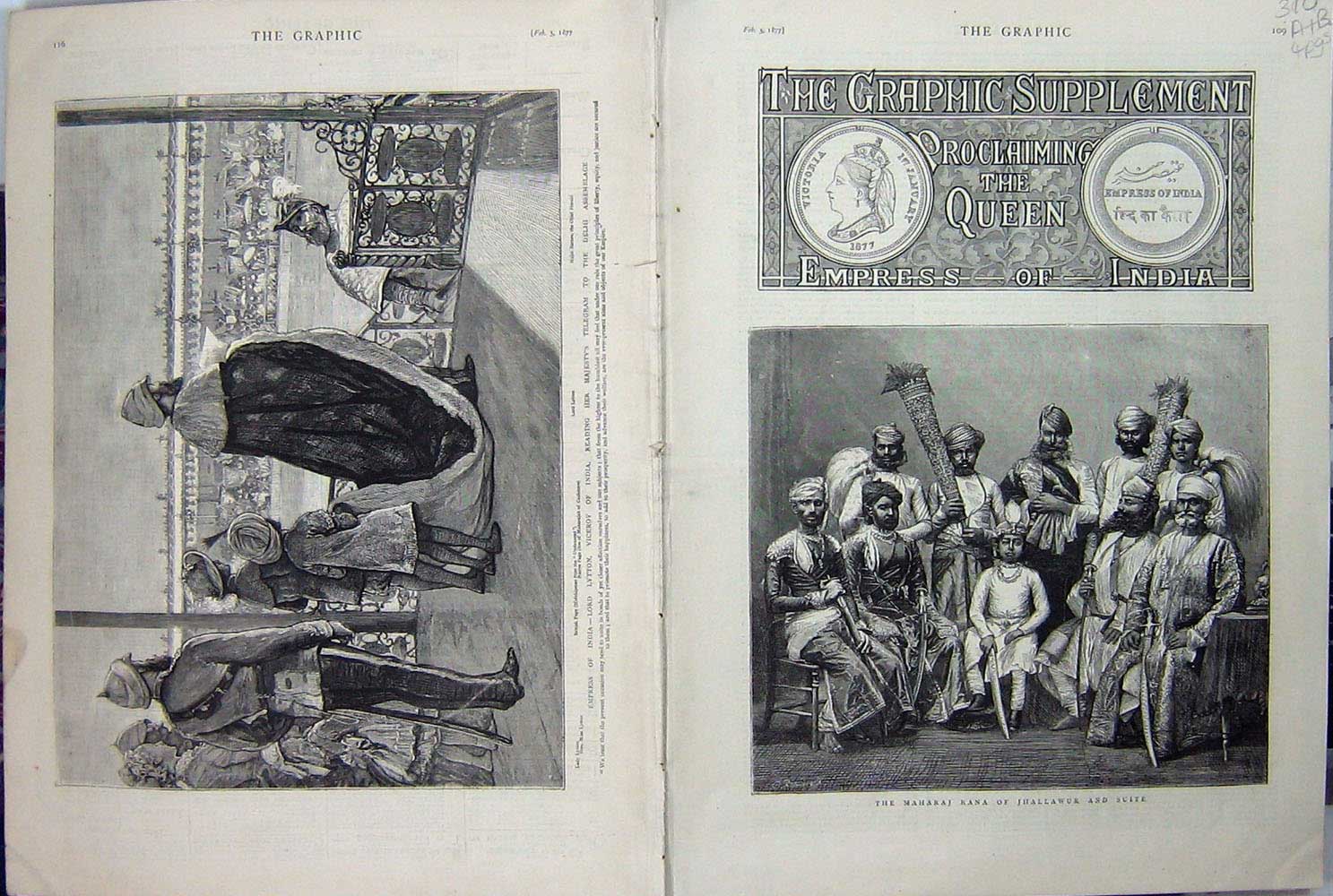 Old Antique Print 1877 Empress India Maharaj Rana Jhallawaur Dehli Queen 19th