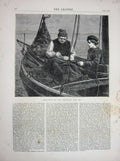 Original Old Antique Print 1871 Mending Jib Boat Sea Man Young Boy Fine Art