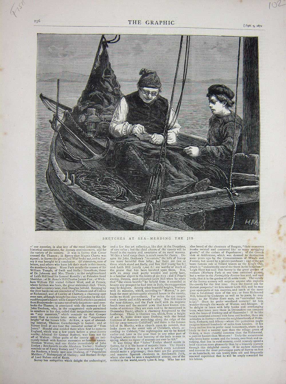 Original Old Antique Print 1871 Mending Jib Boat Sea Man Young Boy Fine Art