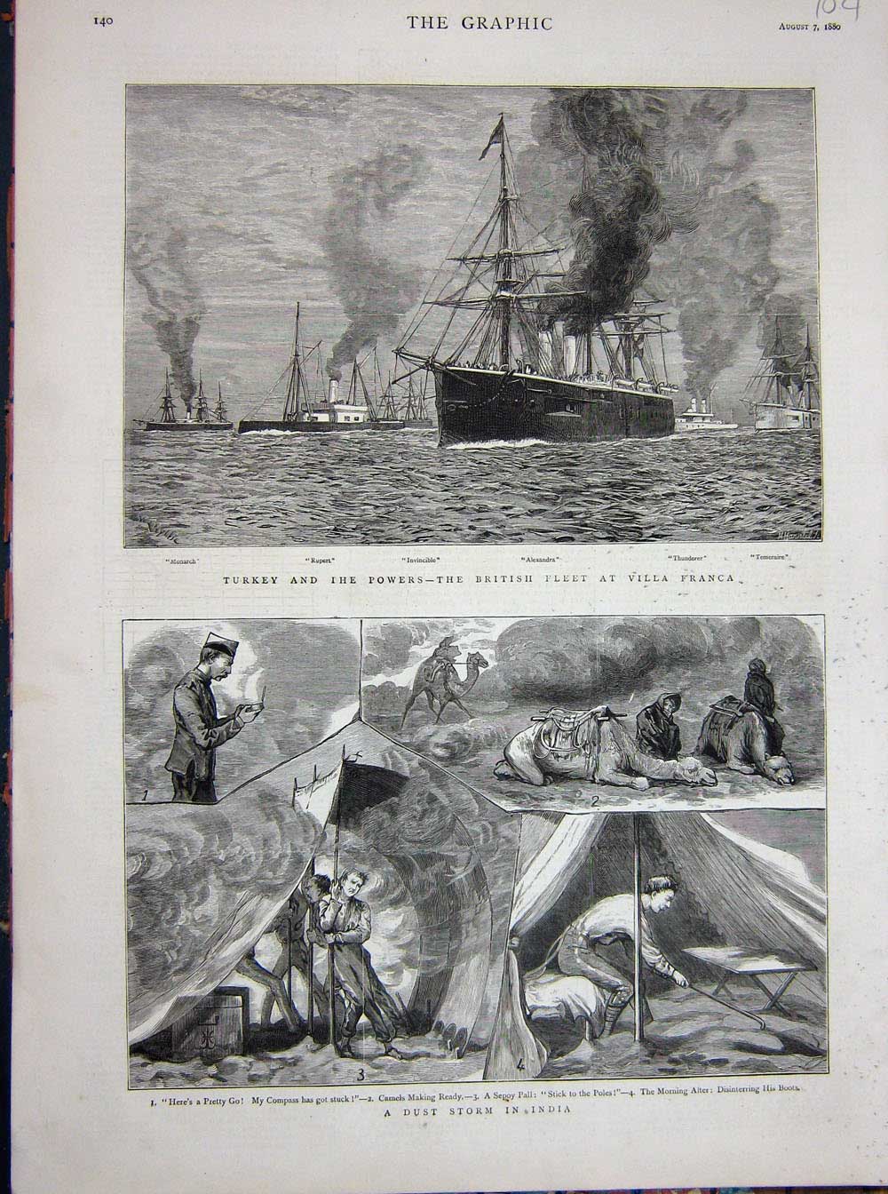 Old Antique Print 1880 Ships Villa Franca Rupert Monarch India Dust Storm 19th